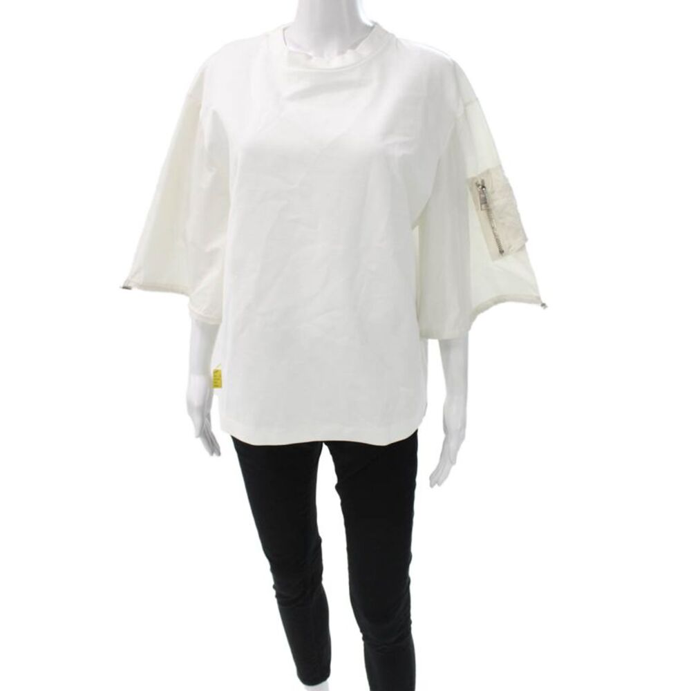Meimeij Women Designer White Crew Neck Zip Short Sleeve T-Shirt Size 42